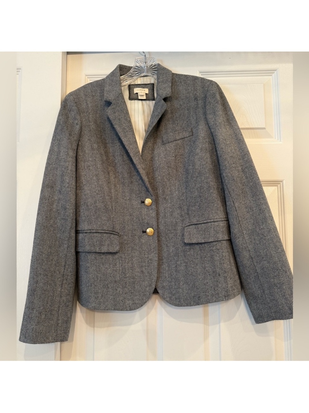 J. Crew Gray Herringbone Wool Blazer with Gold Buttons, Excellent Condition!